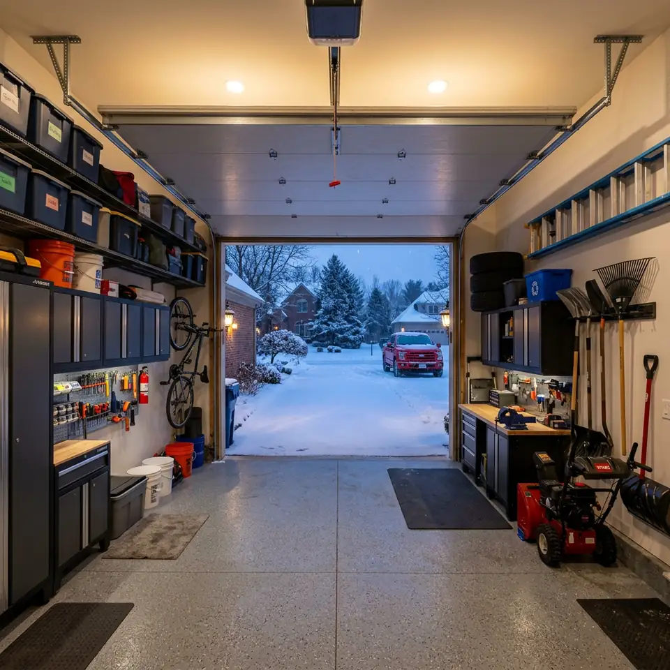 Tidy residential garage interior with the door open to a snowy driveway at dusk