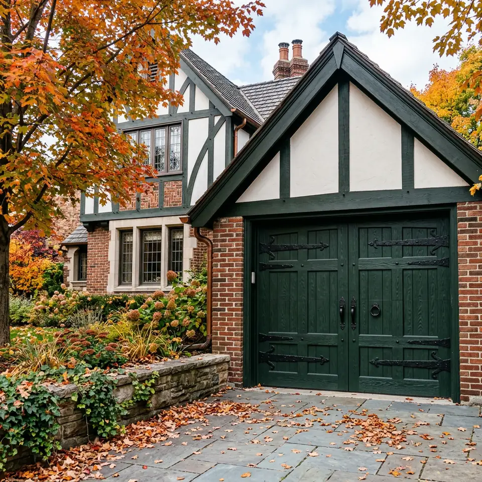 Dark green wood look carriage house garage door with black iron hardware on a Tudor style brick home