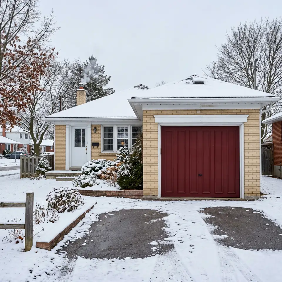 Oxblood red steel garage door on a cream brick bungalow in light snow