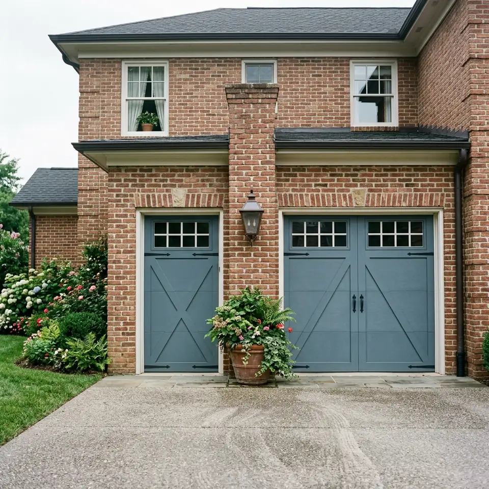 Two slate blue gray single garage doors on a brick home with a lamp between them