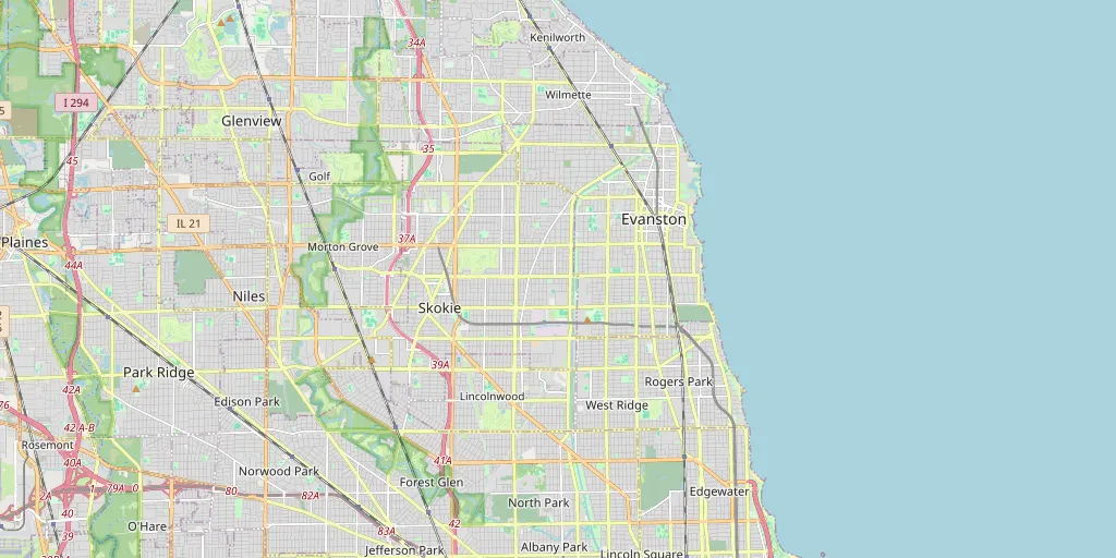Street map of Skokie, Illinois and nearby Morton Grove, Niles, and Wilmette