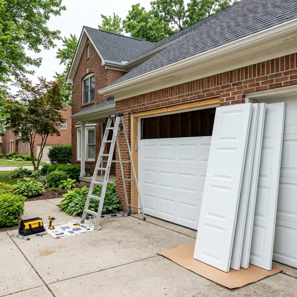 New white raised panel garage door sections being installed on a brick home