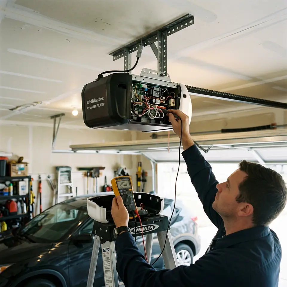 Garage door opener motor with cover removed being tested with a multimeter