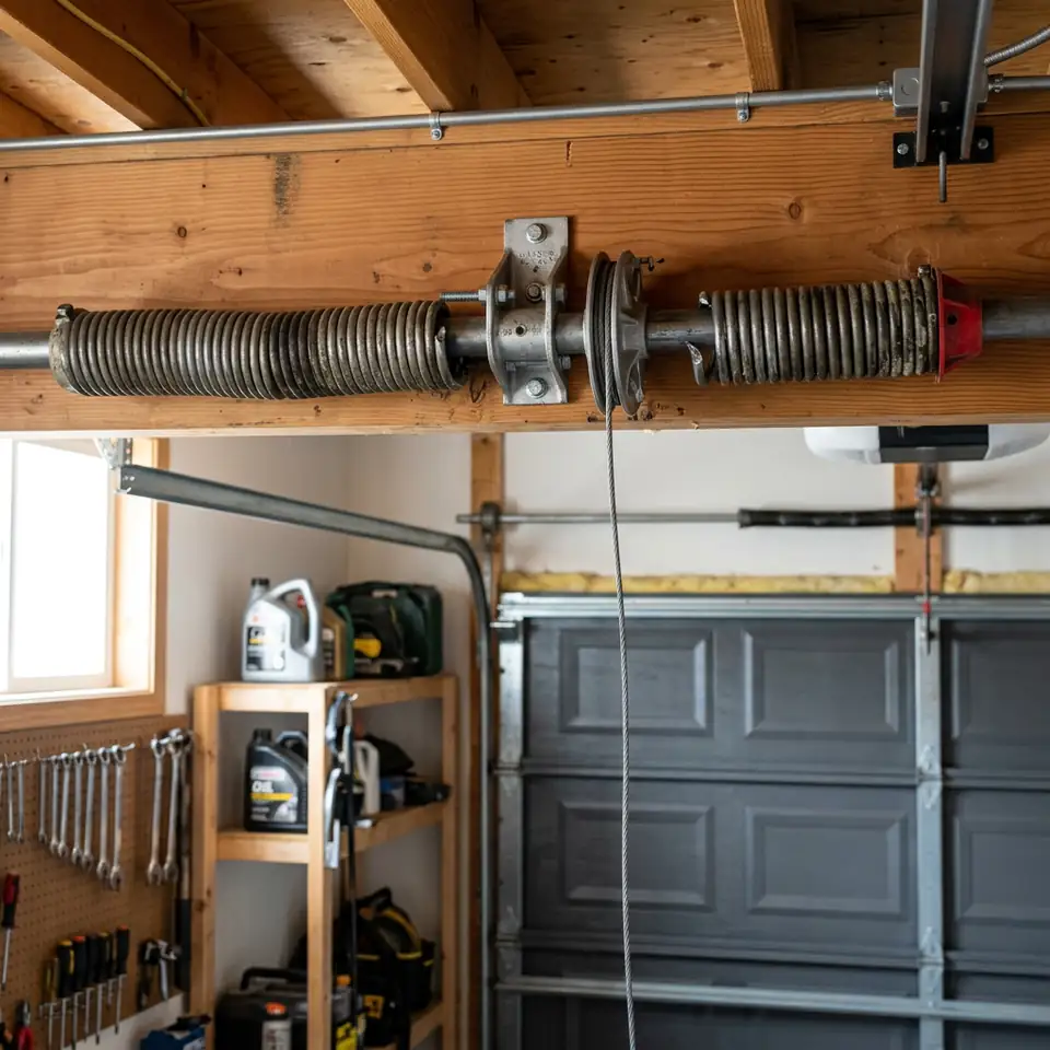 Snapped torsion spring above a garage door with a visible gap in the coil